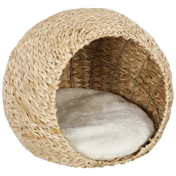 PawHut Coș pentru pisici casă pentru pisici pernă moale interior spațios din stuf 45 x 41 x 37 cm maro | Aosom Romania