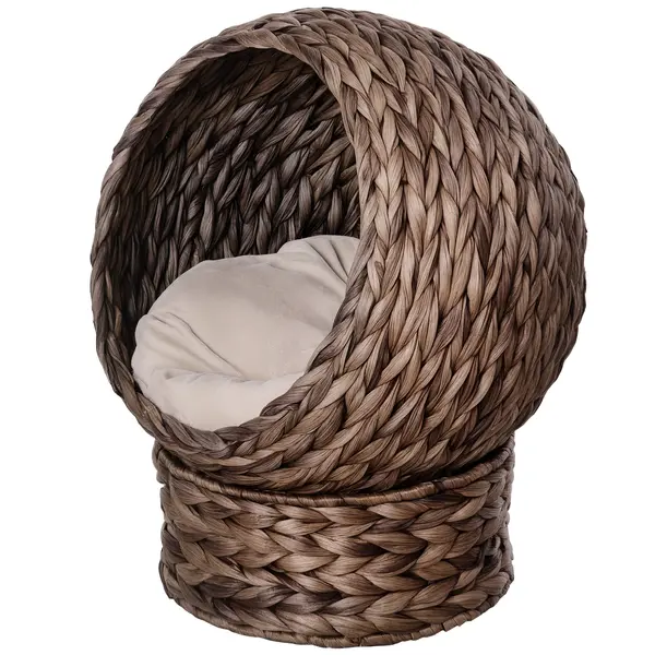 PawHut Coș pentru Pisici din Trestie de Mare cu Pernă, Pat pentru Pisică, Pat pentru Animale de Companie, 50 cm x 42 cm x 60 cm, Maro + Bej | Aosom Romania