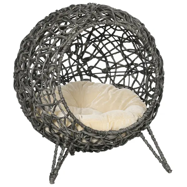 PawHut Coș pisică pat înălțat pisică cozi cuib confort pernă pufoasă inclusă rășină imitând răchita Ø 52 x 58H cm gri | Aosom Romania