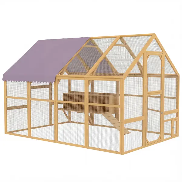 PawHut Coteț din lemn cu curte, încuietoare de siguranță, ușă, 4 cuiburi, pentru 8-12 găini, cca. 2,8 x 1,8 x 1,9 m, Galben | Aosom Romania