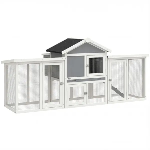 PawHut Coteț pentru exterior mare din lemn 204x85x93 cm cu cutie de cuibărit tarc tavă extractabilă și bară de cocoțat Gri | Aosom Romania