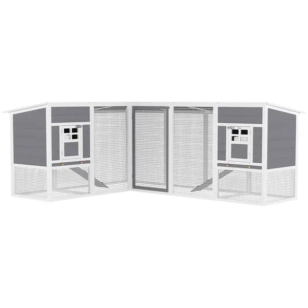 PawHut Cotet pentru găini casă din lemn în formă de L cu 2 case, 2 niveluri, zonă de alergare, rampă, 251 x 192 x 103 cm Gri | Aosom Romania