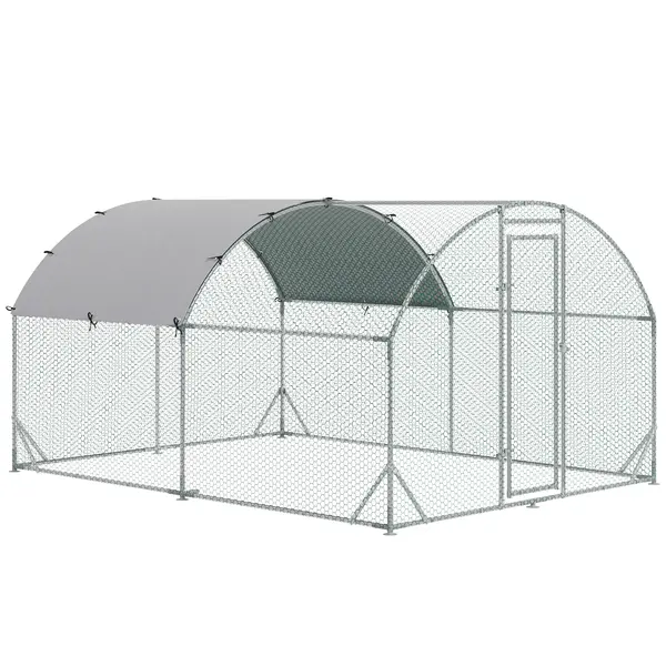 PawHut Coteț pentru Găini de Exterior, 2.8x3.8x2m Recintă din Oțel Zincat cu Acoperiș Impermeabil Anti-UV și Încuietoare, Găini, Iepuri și Rațe | Aosom Romania