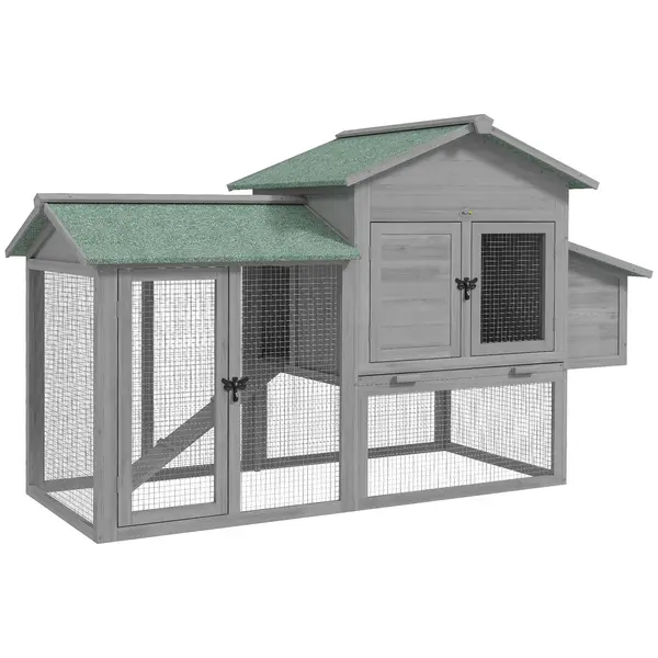 PawHut Cotet pentru găini din lemn adăpost cu tarc exterior cuib rampă tavă extractabilă pentru 2-4 găini 168x75x103cm Gri | Aosom Romania