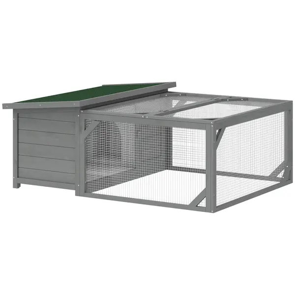 PawHut Coteț pentru iepuri cușcă din lemn cu acoperiș bitumat rabatabil, curte de alergare, uși 125,5x100x49 cm Gri | Aosom Romania
