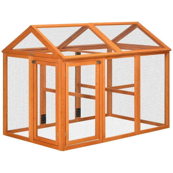 PawHut Cotet Prefabricat din Lemn, Cotet pentru Gaini cu Usi Multiple si Plasa metalica, 140x88.5x106cm, Portocaliu | Aosom Romania