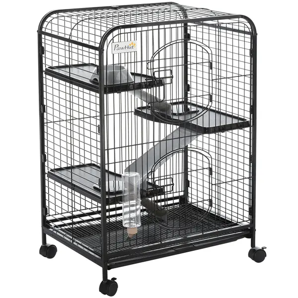 PawHut Cusca Animale Mici Rozătoare Roti 3 Rampe Platforme Bol Sticlă 61.5x44x95cm Neagră | Aosom Romania