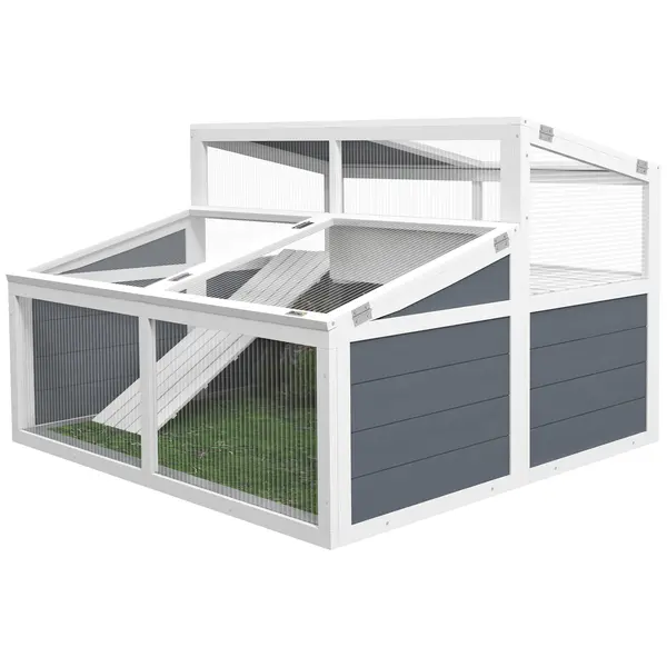 PawHut Cușcă casă pentru animal mic de țestoasă cu 2 spații acoperiș din policarbonat 3 uși rampă 115 x 115 x 82 cm gri | Aosom Romania