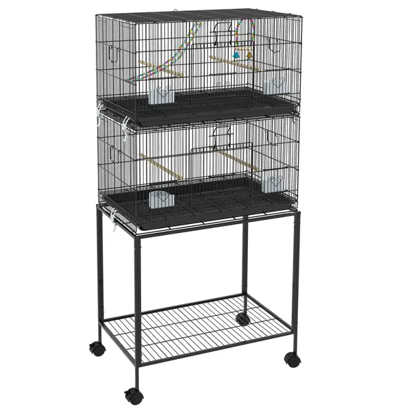 PawHut Cusca Dubla Stivuibila de 164cm pentru Pasari, pe Roti cu Suport, Tava Detasabila, Panou de Plasa Jos, Containere pentru Hrana | Aosom Romania