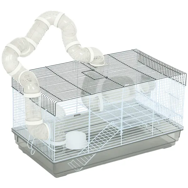 PawHut Cușcă hâmpster cu tuburi și accesorii incluse din oțel de 58 x 32 x 31 cm gri | Aosom Romania