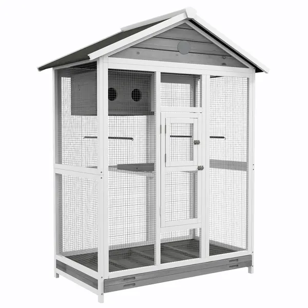 PawHut Cușcă mare pentru păsări volieră interior exterior, 4 bârne tavă colectoare glisantă 112 x 68 x 154 cm gri | Aosom Romania
