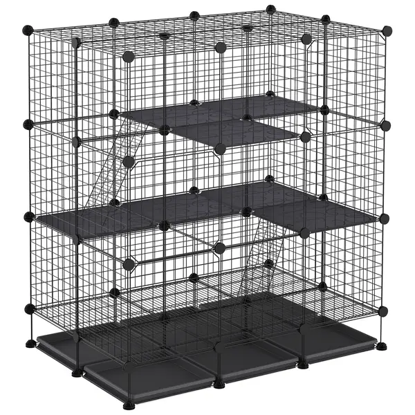 PawHut Cușcă parc rozătoare modulară dim. L 111 x l 75 x H 119 cm 3 nivele 4 uși sârmă metalică negru | Aosom Romania