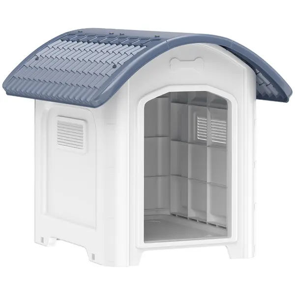 PawHut Cușcă pentru câine de exterior, casă pentru câine din plastic cu podea ridicată și amovibilă, acoperiș impermeabil, gri | Aosom Romania