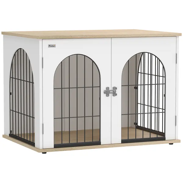 PawHut Cușcă pentru Câine Mobilier Cușcă pentru Câine de Interior Arc cu Ușă Dublă ca Masă Auxiliară din Metal 80x56x59cm Alb | Aosom Romania