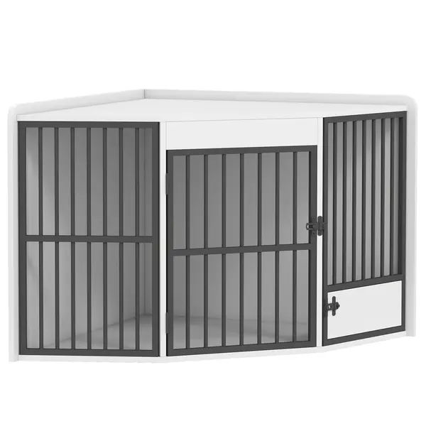 PawHut Cușcă pentru câini, box de odihnă pentru câini mici și medii, cutie pentru animale de companie, ușă pentru hrănire, MDF, metal, Alb | Aosom Romania