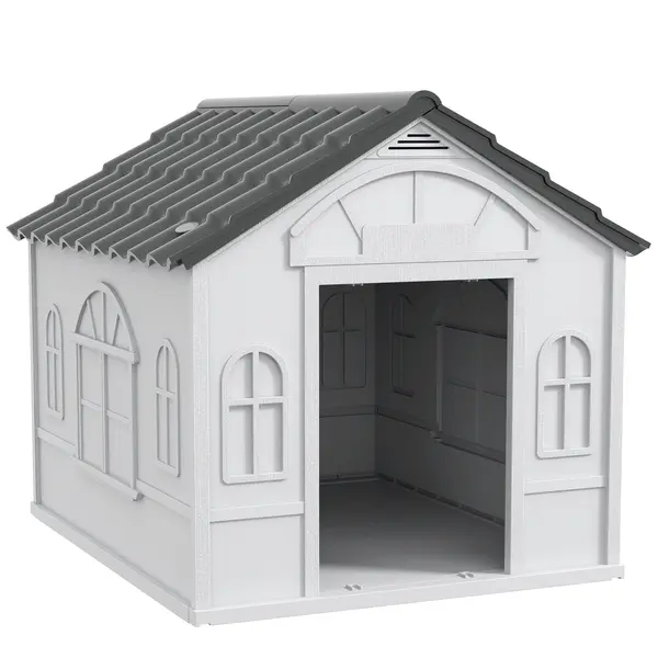 PawHut Cușcă pentru Câini cu Acoperiș Înclinat și Ușă 84.2x98.2x82 cm Gri | Aosom Romania