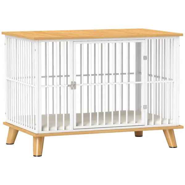 PawHut Cușcă pentru câini cu ușă cu închidere, pernă detașabilă, bună ventilație, oțel, 86x60x70 cm, Alb+Gri | Aosom Romania
