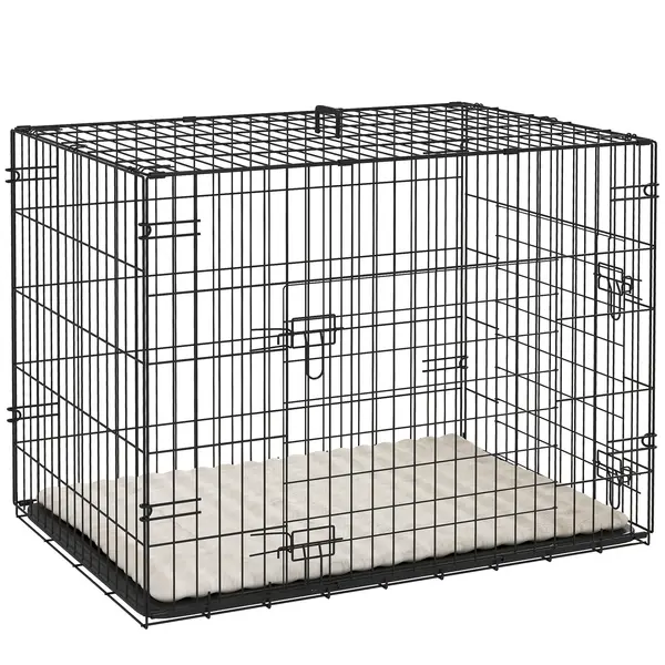 PawHut Cușcă pentru câini cușcă de transport pentru câini pliabilă cu 2 uși tavă detașabilă pernă lavabilă 76 x 53 x 60 cm negru | Aosom Romania