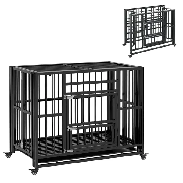 PawHut Cusca pentru câini, Cușca pentru animale de companie, incl. tavă detașabilă, blocare, roți universale, 94 cm x 58 cm x 78 cm, Negru | Aosom Romania