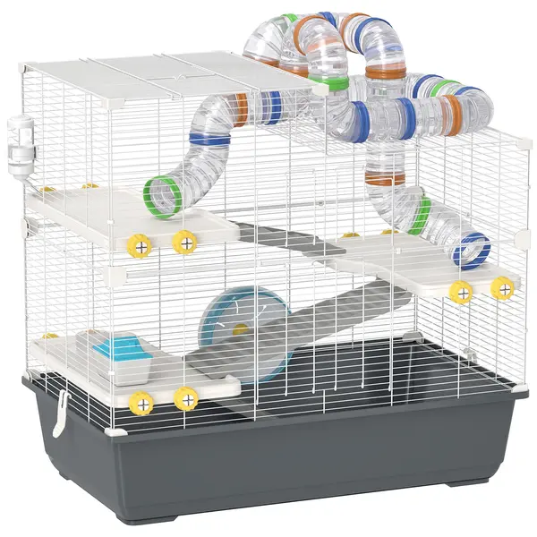 PawHut Cușcă pentru hamster pitic, 4 nivele, sistem de tuneluri, căsuță, accesorii, deschidere superioară, 78 x 45 x 73 cm, Gri | Aosom Romania