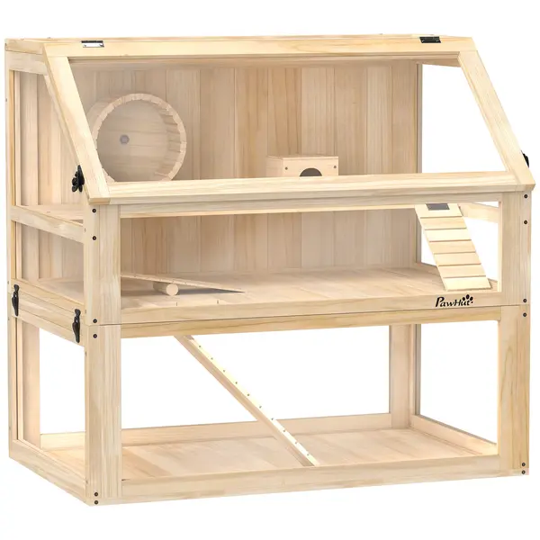 PawHut Cușcă pentru hamster/rozătoare cu 3 niveluri, fund detașabil 31 cm adâncime, căsuță, leagăn, 80x50x76cm, finisaj lemn natural | Aosom Romania
