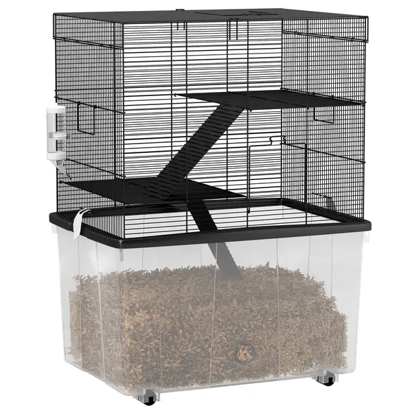 PawHut Cușcă pentru Hamsteri cu 3 Niveluri, Bază Adâncă, Roți Rampe, Bol și Sticlă, 58x43x74 cm, Negru | Aosom Romania