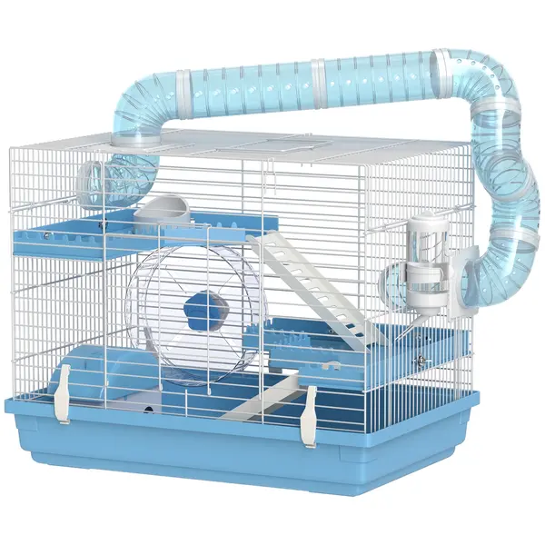 PawHut Cușcă pentru Hamsteri cu 3 Niveluri, Căsuță, Roată, Sticlă și Tuburi, 47.5x31.5x29.5 cm, Albastru | Aosom Romania