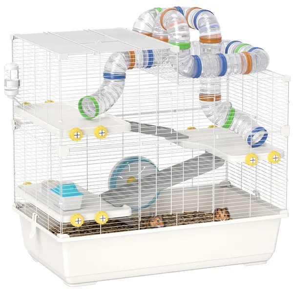 PawHut Cușcă pentru Hamsteri cu 4 Niveluri, Tuburi, Roată, 3 Uși și Tavă, 78x45x73 cm, Alb | Aosom Romania