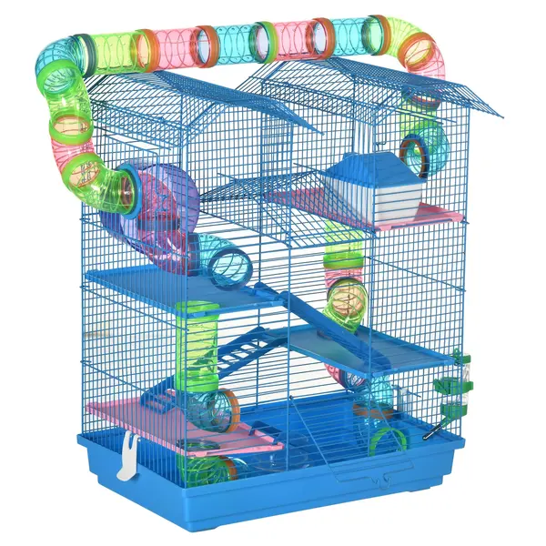 PawHut Cușcă pentru Hamsteri cu 5 Etaje, Roți, Tub, Sticlă de Apă, Farfurii, Scară, Casă, 47x30x59 cm, Albastru | Aosom Romania