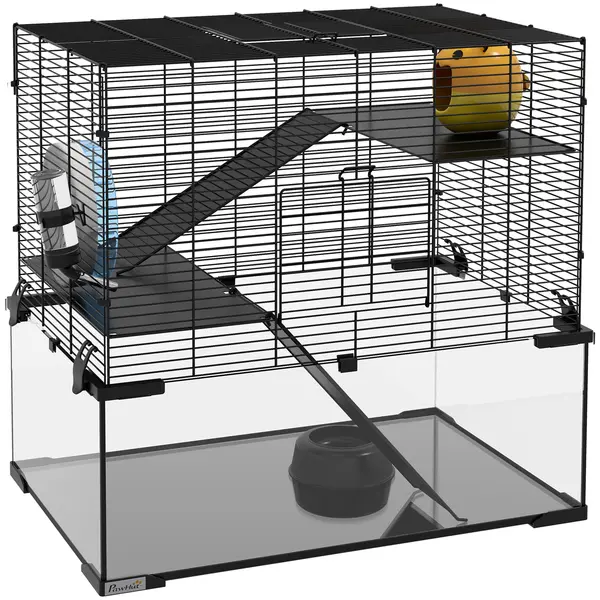 PawHut Cușcă pentru Hamsteri, Gerbili și Animale Mici din Fir de Otel și Sticlă cu Rotiță, 60x40x57 cm, Negru | Aosom Romania