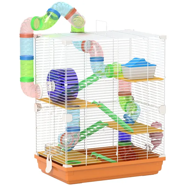 PawHut Cușcă pentru Hamsteri pe 5 Nivele cu Tuburi și Roată din Metal și Plastic Albastru | Aosom Romania