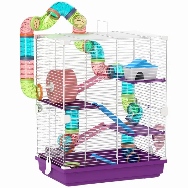 PawHut Cușcă pentru Hamsteri pe 5 Niveluri, cu Tuburi, Roată, Scări, Căsuță și Biberon, 46 x 30 x 58 cm, Mov | Aosom Romania