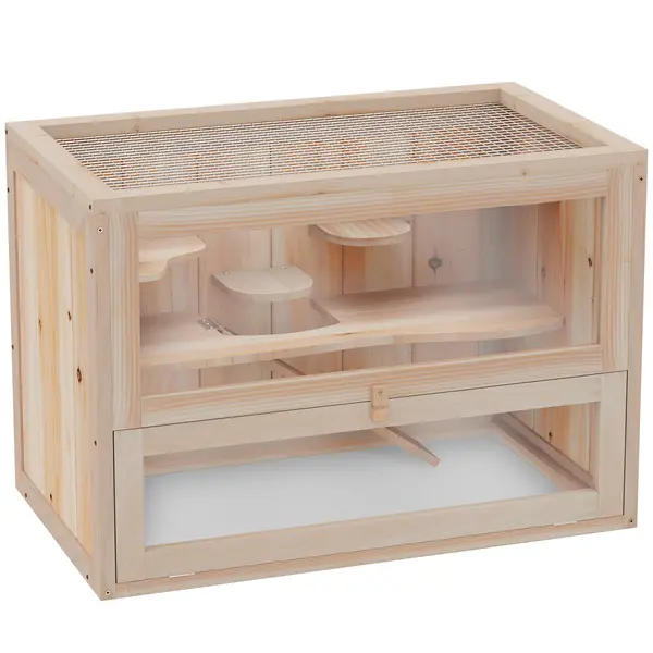 Pawhut Cuscă pentru Hamsteri și mici Rozătoare din Lemn de Brad 60x35x42cm