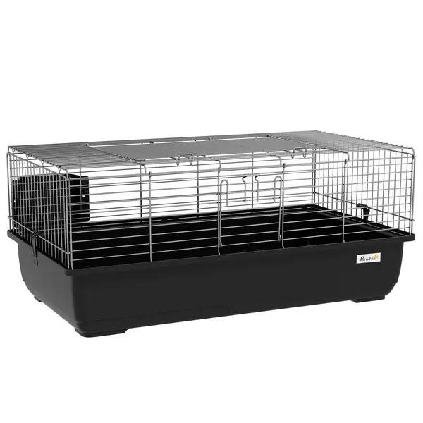 PawHut Cușcă pentru Iepuri cu 2 Deschideri și Tavă Detașabilă, Cușcă pentru Rozatoare din Metal și Plastic, 100x55x41 cm, Negru | Aosom Romania