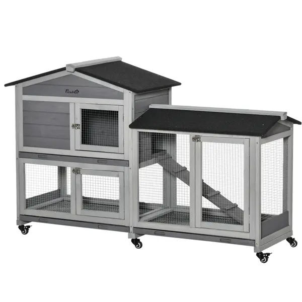 PawHut Cușcă pentru Iepuri cu 2 Niveluri, 6 Roți, Tavă Detașabilă, Rampă și Plasă Metalică, 157.4x53x99.5 cm, Gri | Aosom Romania