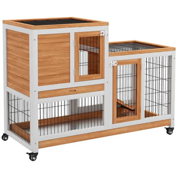 PawHut Cușcă pentru Iepuri din Lemn de Brad cu Roți, Tăvi Detașabile și Căsuță cu Rampă, 110x50x88 cm, Gri și Alb | Aosom Romania