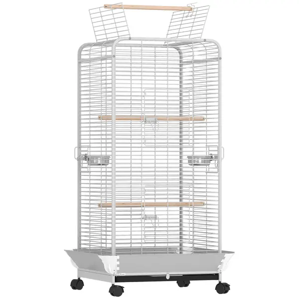 PawHut Cușcă pentru Papagali cu Ruedas Perches Hrănitori și Tavă Detașabilă Pajarera pentru Cacatúas Cotorras 79x73x146cm Gri Deschis | Aosom Romania
