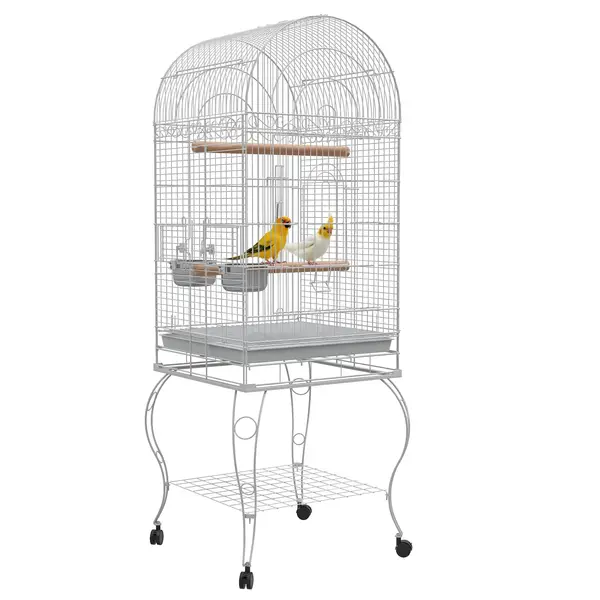 PawHut Cusca pentru pasari pe roti cu raft tava detasabila 2 boluri suport otel inoxidabil 51 x 51 x 153 cm alb | Aosom Romania