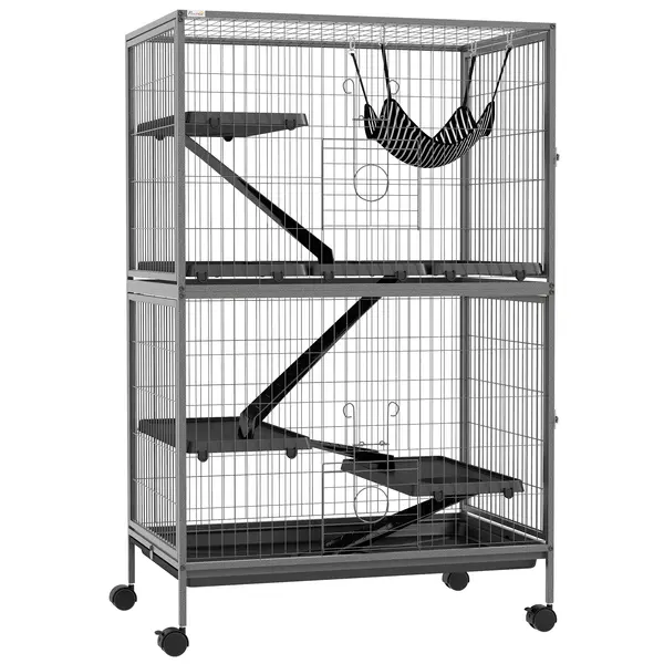 PawHut Cușcă pentru Rozătoare cu 4 Intrări la Nivele Multiple cu Hamac, din Metal și PP, 80x52x128 cm, Argintiu și Gri | Aosom Romania