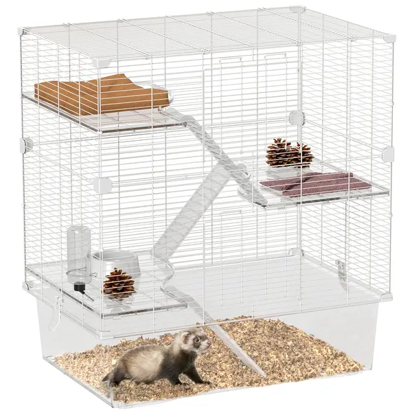 PawHut Cușcă pentru Rozătoare cu Multe Niveluri și Accesorii Incluse, 73x47x80 cm, Alb | Aosom Romania