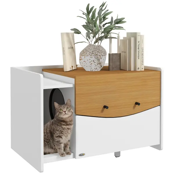 PawHut Cutie de pisici, extensibilă, design de dulap, sertar nisip, 78x50x51cm, Stejar/Alb | Aosom Romania