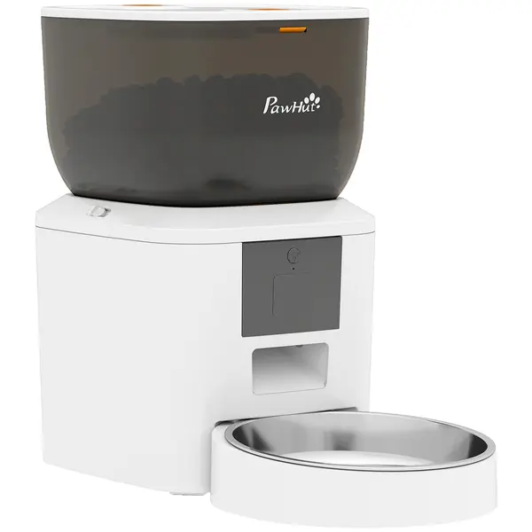 PawHut Distribuitor Automat de Hrană pentru Pisici 4L, WiFi 2.4G, Control App cu Înregistrare 10s, Bol, Alb | Aosom Romania