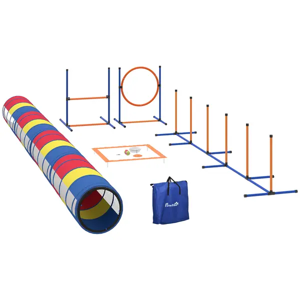 PawHut Echipament de Agilitate pentru Câine 12 Piese, 4 Tuneluri, Sărituri Reglabile, Cerc, Slalomuri, 357x65x68cm, Multicolor | Aosom Romania