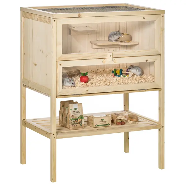 PawHut Gabbia Grande per Criceti e Roditori in Legno di Abete con Tetto Apribile 60 x 40 x 80cm