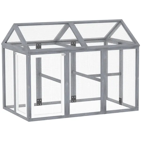 PawHut Incintă pentru găini 1,18 m², parc cu plasă și uși cu închidere, cadru din lemn masiv, 140 x 88,5 x 106 cm, gri | Aosom Romania