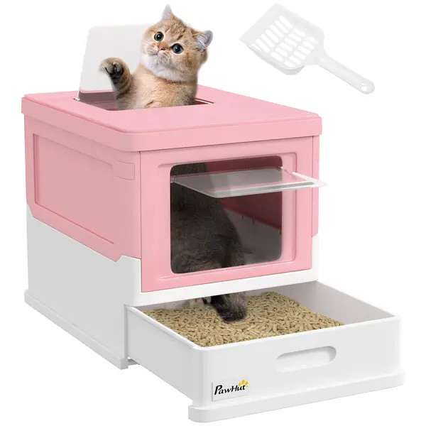 PawHut Litieră Acoperită pentru Pisici cu Lopățică Inclusă, Tavă Detașabilă și 2 Uși, 47,5x35,5x36,7 cm, Roz | Aosom Romania