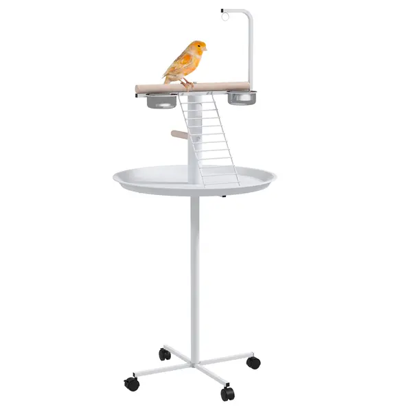 PawHut Manoniera pentru păsări pe suport cu 4 role perche 2 bols detasabile tava rotundă din oțel inoxidabil Ø 60 x 138A cm alb | Aosom Romania