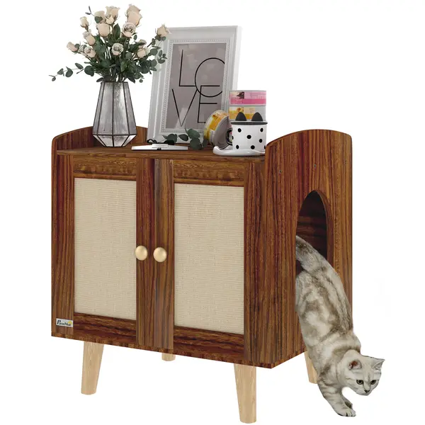 PawHut Mobilier nisip pentru pisici masă auxiliară cu uși cu covorașe din sisal pentru salon dormitor 55x43x59,6 cm Măsliniu | Aosom Romania