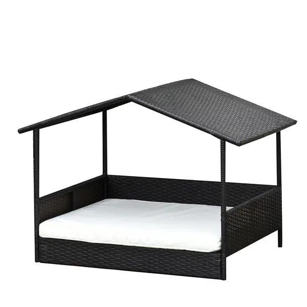 PawHut Pat Ratan pentru Câini cu Acoperiș pentru Exterior, Pat ridicat pentru câini mici și medii, Pat răcoros pentru Animale de Companie cu Cadru din Metal, Pat pentru Exterior, 69 x 98 x 70 cm, Cafea-Brun | Aosom Romania