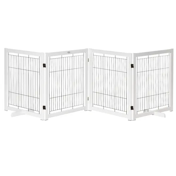 PawHut Poartă de protecție pentru câini cu picioare, 305 x 82 cm, lemn, pliabilă, pentru protecție la scări, uși, holuri, 4 panouri, Alb | Aosom Romania